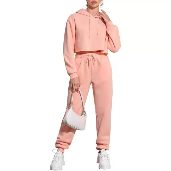 chouyatou Womens 2 Piece Outfits Drawstring Sweatsuits Crop Sweatshirt Hoodie High Waist Jogger Pants Sweatpants SetsPink