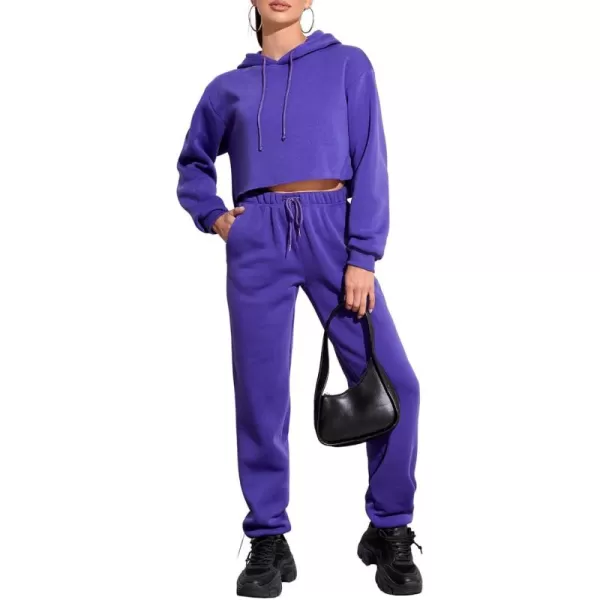 chouyatou Womens 2 Piece Outfits Drawstring Sweatsuits Crop Sweatshirt Hoodie High Waist Jogger Pants Sweatpants SetsPurple