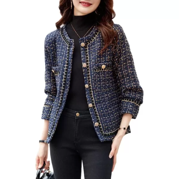 chouyatou Womens Fall Elegant Business Casual Plaid Tweed Blazer Jacket Open Front Dressy Tweed Suit TopDark Blue