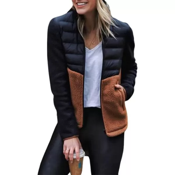 chouyatou Womens Lightweight Cotton Padded Fuzzy Sherpa Spliced Winter Jacket CoatBlack