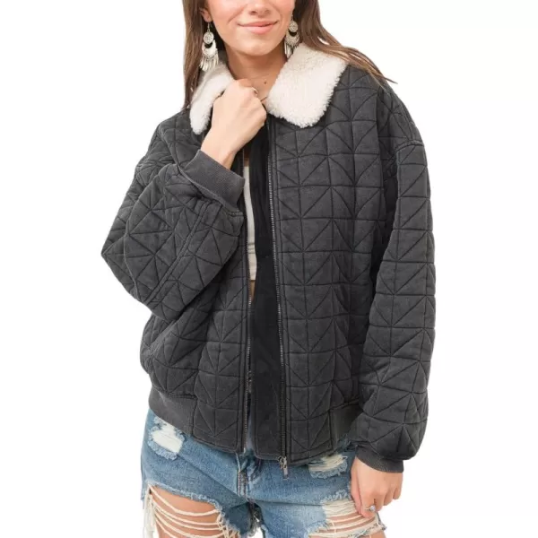 chouyatou Womens Winter Fur Collar Lightweight Quilted Jacket Bomber Zip Oversized Down Puffer JacketBlack