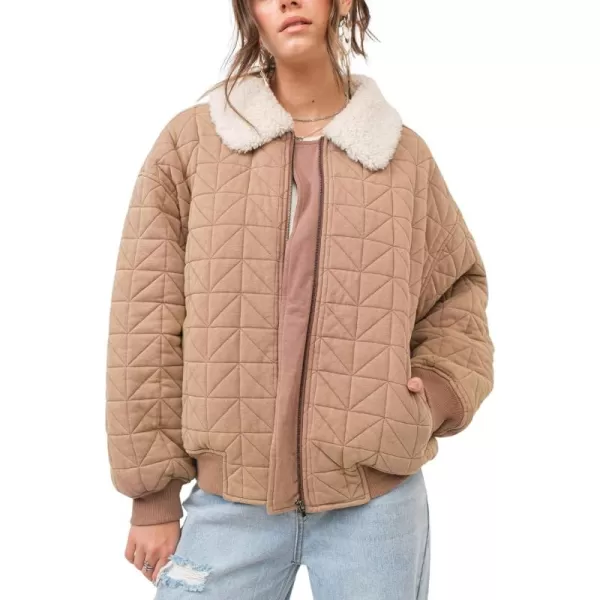 chouyatou Womens Winter Fur Collar Lightweight Quilted Jacket Bomber Zip Oversized Down Puffer JacketKhaki