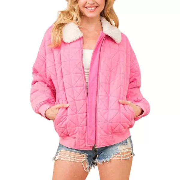 chouyatou Womens Winter Fur Collar Lightweight Quilted Jacket Bomber Zip Oversized Down Puffer JacketPink