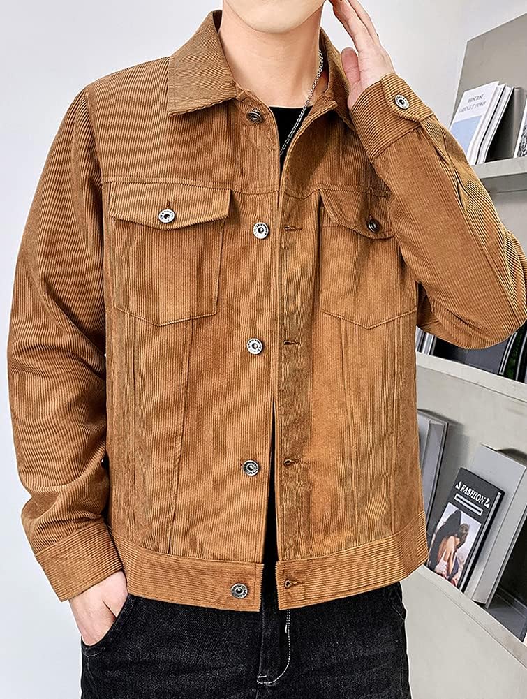 chouyatou Mens Spring Fall Vintage Casual Work Wear Lightweight Corduroy JacketBrown