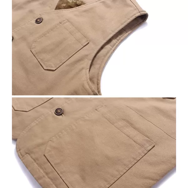 chouyatou Mens Casual Outdoor ThinFleece Lined Fishing Cotton Vest JacketThick Khaki