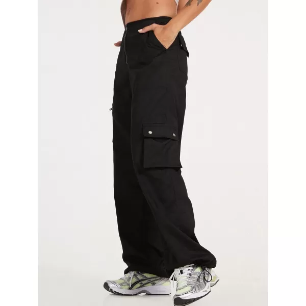 chouyatou Womens Baggy Cargo Parachute Pants Zip Up Wide Leg Y2K Trousers Sweatpants JoggersBlack