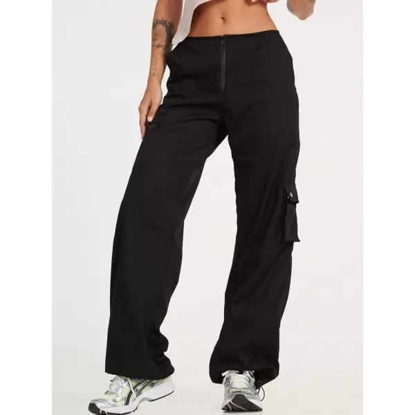 chouyatou Womens Baggy Cargo Parachute Pants Zip Up Wide Leg Y2K Trousers Sweatpants JoggersBlack