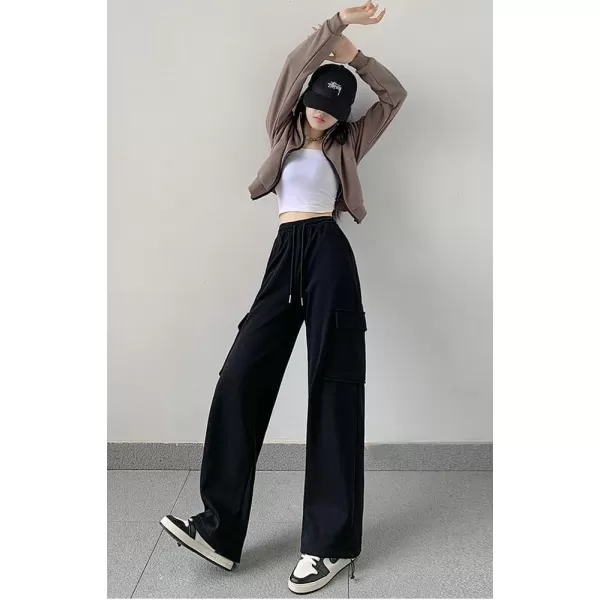 chouyatou Womens Baggy Cargo Sweatpants Casual Y2K High Waisted Wide Leg Jogger PantsBlack