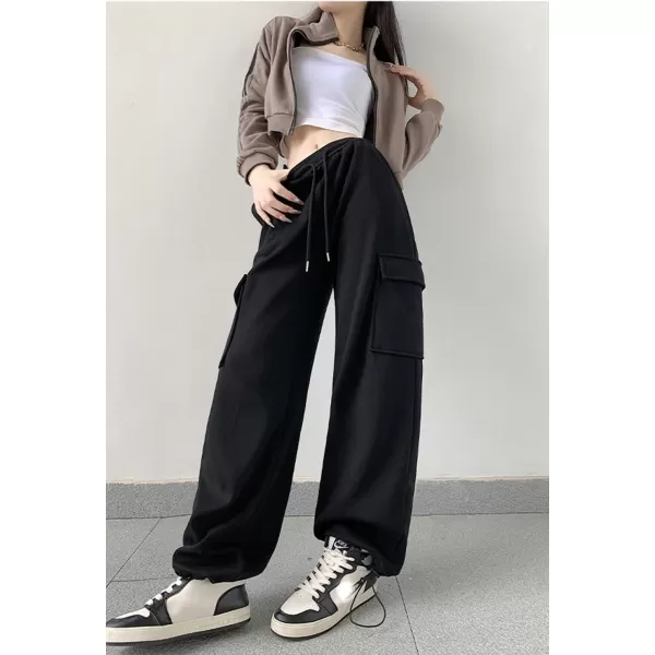 chouyatou Womens Baggy Cargo Sweatpants Casual Y2K High Waisted Wide Leg Jogger PantsBlack