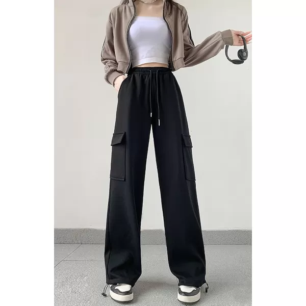 chouyatou Womens Baggy Cargo Sweatpants Casual Y2K High Waisted Wide Leg Jogger PantsBlack