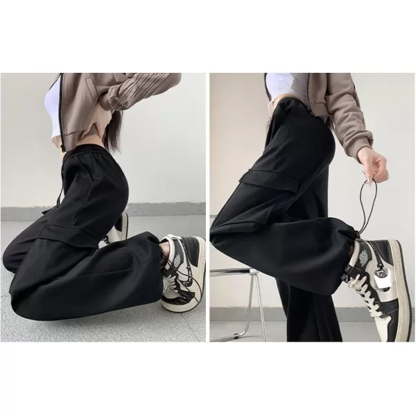 chouyatou Womens Baggy Cargo Sweatpants Casual Y2K High Waisted Wide Leg Jogger PantsBlack