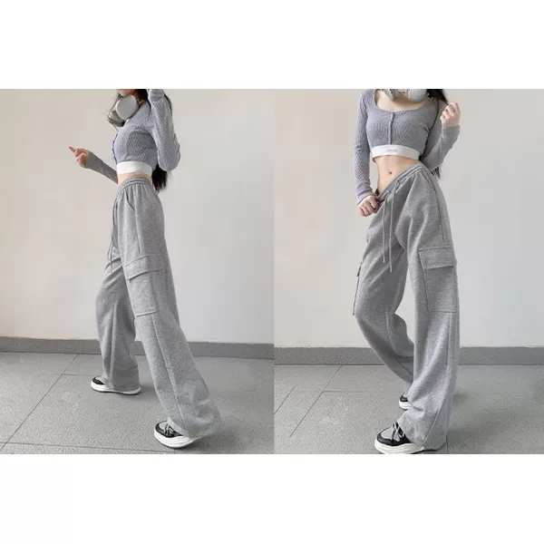 chouyatou Womens Baggy Cargo Sweatpants Casual Y2K High Waisted Wide Leg Jogger PantsGrey