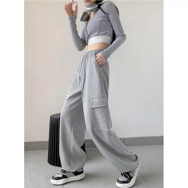chouyatou Womens Baggy Cargo Sweatpants Casual Y2K High Waisted Wide Leg Jogger PantsGrey