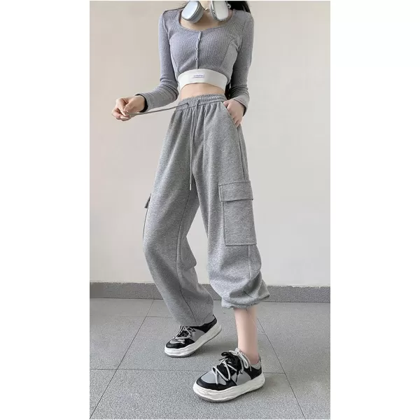 chouyatou Womens Baggy Cargo Sweatpants Casual Y2K High Waisted Wide Leg Jogger PantsGrey