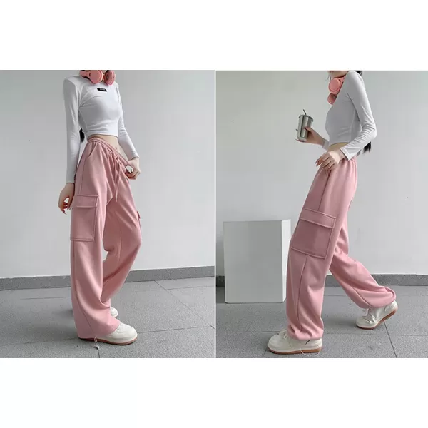 chouyatou Womens Baggy Cargo Sweatpants Casual Y2K High Waisted Wide Leg Jogger PantsPink