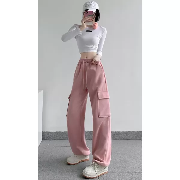 chouyatou Womens Baggy Cargo Sweatpants Casual Y2K High Waisted Wide Leg Jogger PantsPink