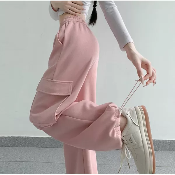 chouyatou Womens Baggy Cargo Sweatpants Casual Y2K High Waisted Wide Leg Jogger PantsPink