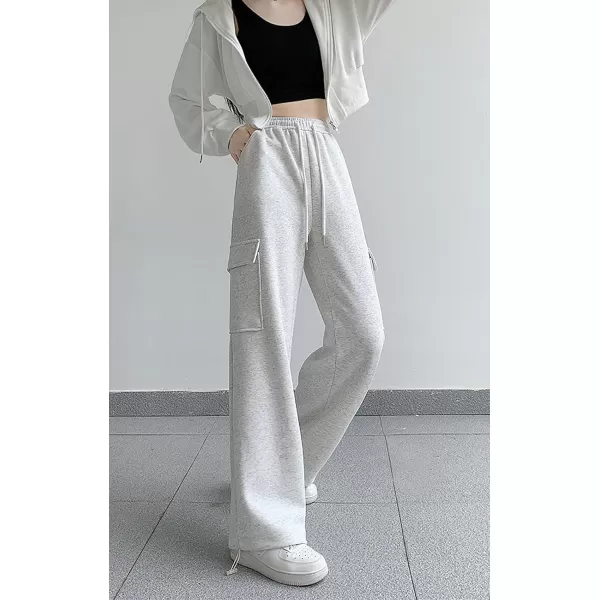 chouyatou Womens Baggy Cargo Sweatpants Casual Y2K High Waisted Wide Leg Jogger PantsWhitish Grey