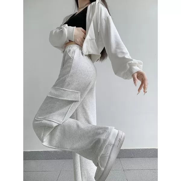 chouyatou Womens Baggy Cargo Sweatpants Casual Y2K High Waisted Wide Leg Jogger PantsWhitish Grey