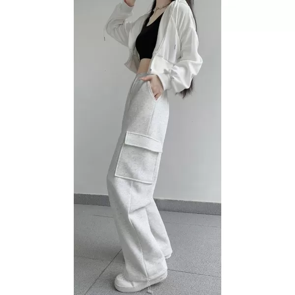 chouyatou Womens Baggy Cargo Sweatpants Casual Y2K High Waisted Wide Leg Jogger PantsWhitish Grey