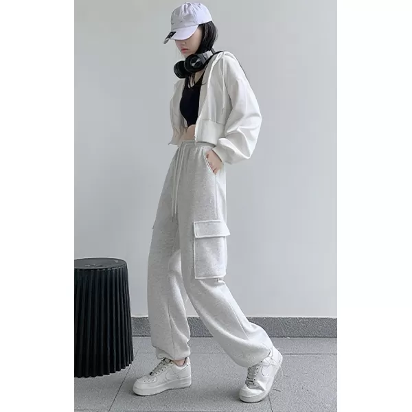chouyatou Womens Baggy Cargo Sweatpants Casual Y2K High Waisted Wide Leg Jogger PantsWhitish Grey