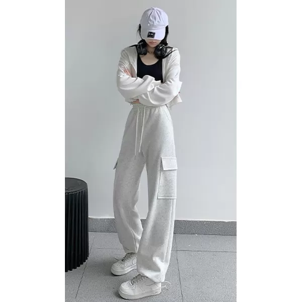 chouyatou Womens Baggy Cargo Sweatpants Casual Y2K High Waisted Wide Leg Jogger PantsWhitish Grey