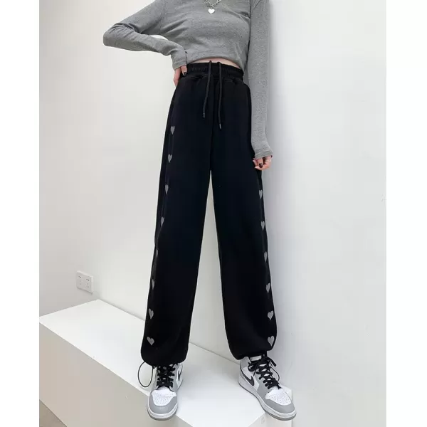 chouyatou Womens Baggy Y2k Heart Embroidery Elastic Waist Open Bottom Drawstring Palazzo Pant SweatpantsBlack