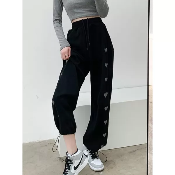 chouyatou Womens Baggy Y2k Heart Embroidery Elastic Waist Open Bottom Drawstring Palazzo Pant SweatpantsBlack