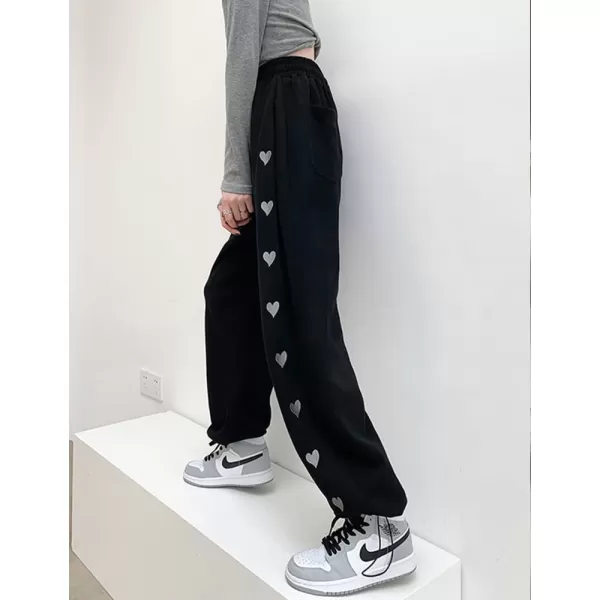 chouyatou Womens Baggy Y2k Heart Embroidery Elastic Waist Open Bottom Drawstring Palazzo Pant SweatpantsBlack