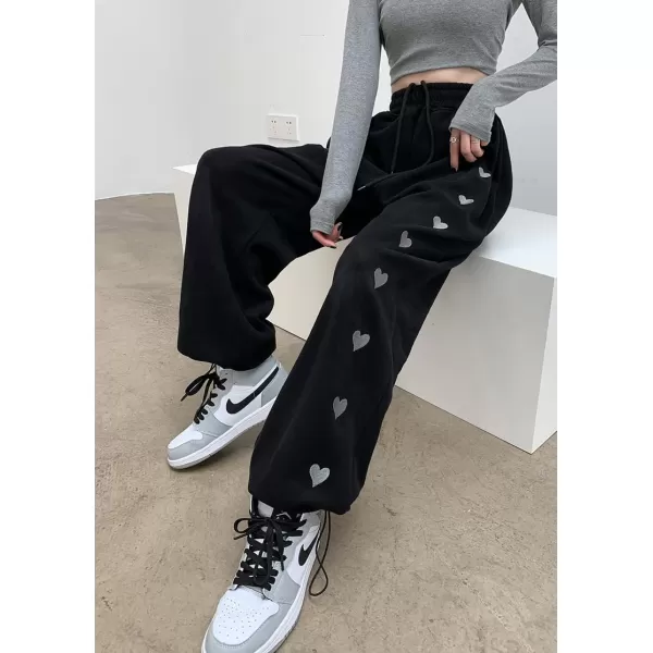 chouyatou Womens Baggy Y2k Heart Embroidery Elastic Waist Open Bottom Drawstring Palazzo Pant SweatpantsBlack
