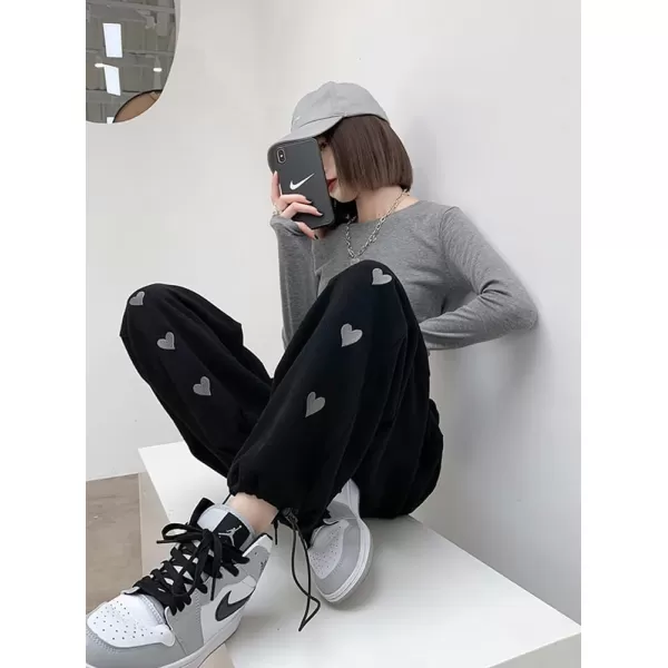 chouyatou Womens Baggy Y2k Heart Embroidery Elastic Waist Open Bottom Drawstring Palazzo Pant SweatpantsBlack
