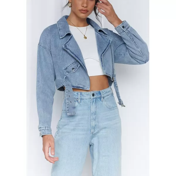 chouyatou Womens Boyfriend Jean Shakcet Jacket Zipper Belted Moto Denim Blazer JacketBlue