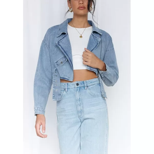 chouyatou Womens Boyfriend Jean Shakcet Jacket Zipper Belted Moto Denim Blazer JacketBlue