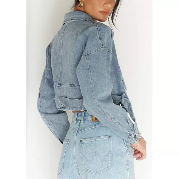 chouyatou Womens Boyfriend Jean Shakcet Jacket Zipper Belted Moto Denim Blazer JacketBlue