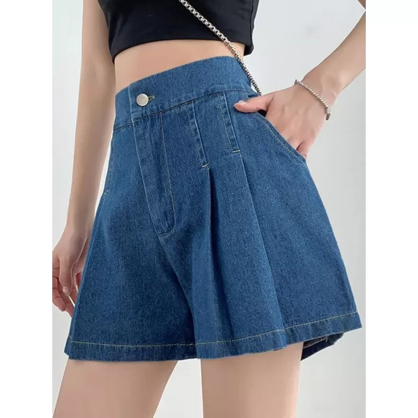 chouyatou Womens Casual High Elastic Waisted Wide Leg Flared A Line Pleated Denim Jean Shorts with PocketsDark Blue