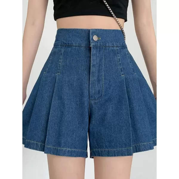 chouyatou Womens Casual High Elastic Waisted Wide Leg Flared A Line Pleated Denim Jean Shorts with PocketsDark Blue