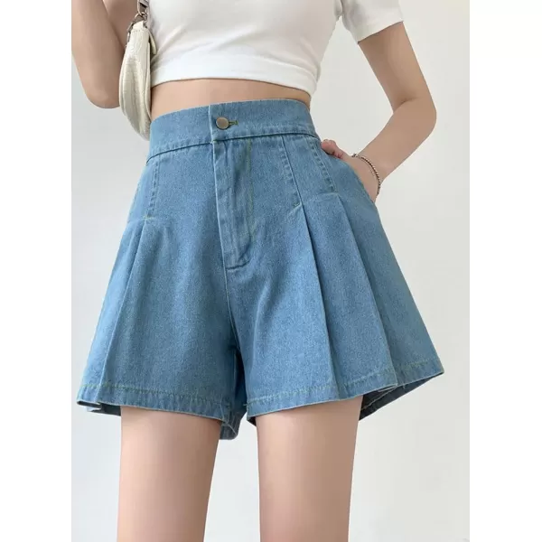 chouyatou Womens Casual High Elastic Waisted Wide Leg Flared A Line Pleated Denim Jean Shorts with PocketsLight Blue