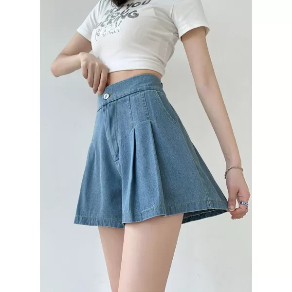 chouyatou Womens Casual High Elastic Waisted Wide Leg Flared A Line Pleated Denim Jean Shorts with PocketsLight Blue