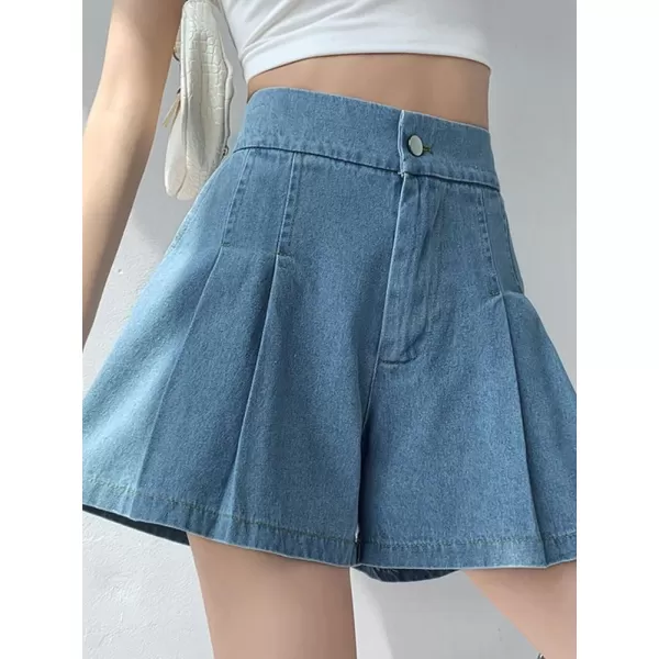 chouyatou Womens Casual High Elastic Waisted Wide Leg Flared A Line Pleated Denim Jean Shorts with PocketsLight Blue
