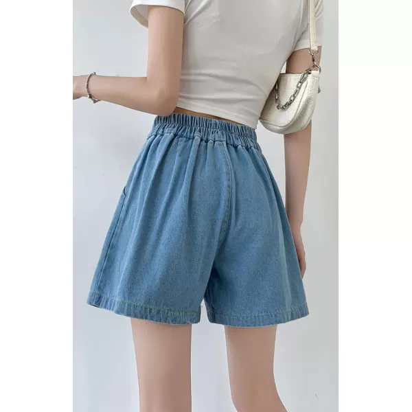 chouyatou Womens Casual High Elastic Waisted Wide Leg Flared A Line Pleated Denim Jean Shorts with PocketsLight Blue