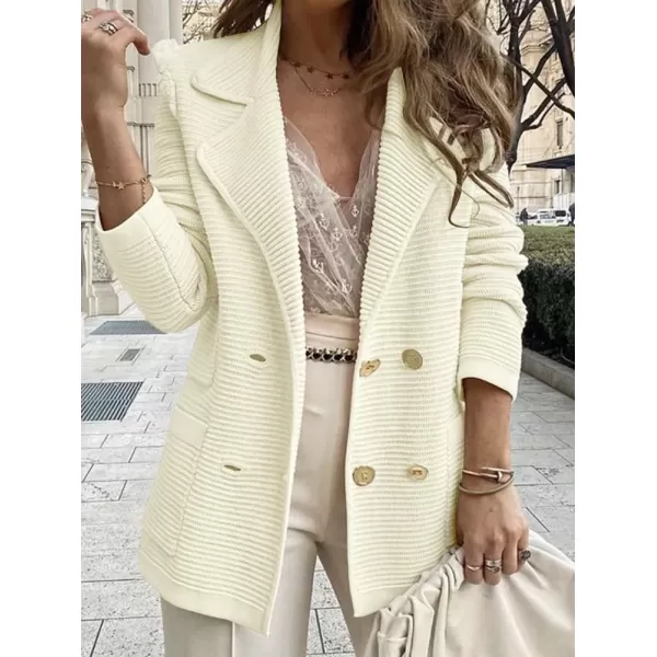 chouyatou Womens Casual Notched Lapel Double Breasted Large Pocket Ribbed Blazer JacketApricot