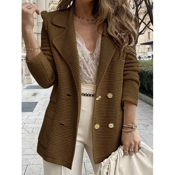 chouyatou Womens Casual Notched Lapel Double Breasted Large Pocket Ribbed Blazer JacketDark Brown