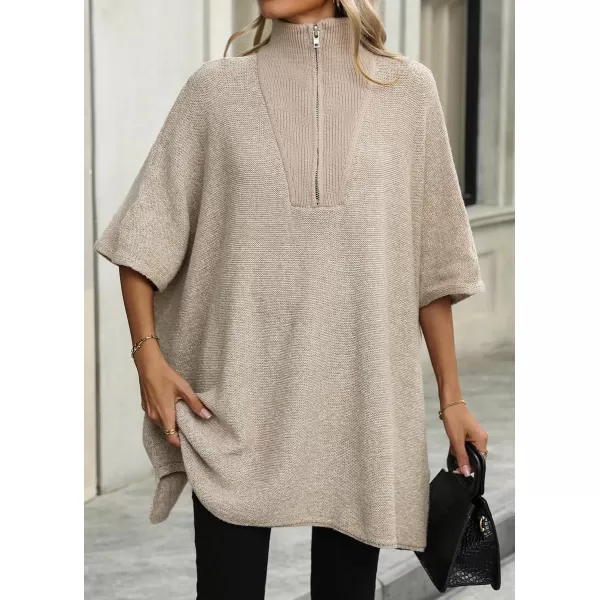 chouyatou Womens Casual Quarter Zip Pullover Sweaters VNeck Lapel Ribbed Knit Sweater Loose Slouchy Jumper TopsApricot