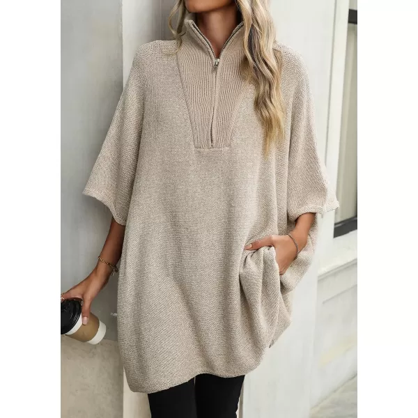 chouyatou Womens Casual Quarter Zip Pullover Sweaters VNeck Lapel Ribbed Knit Sweater Loose Slouchy Jumper TopsApricot