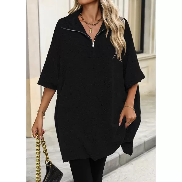 chouyatou Womens Casual Quarter Zip Pullover Sweaters VNeck Lapel Ribbed Knit Sweater Loose Slouchy Jumper TopsBlack
