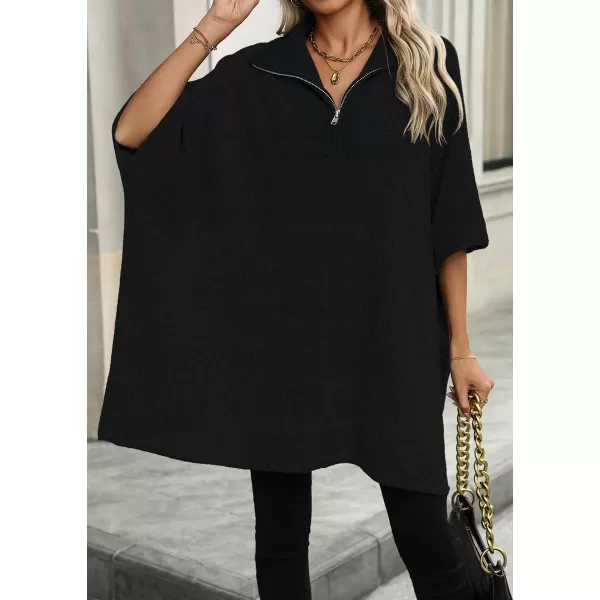 chouyatou Womens Casual Quarter Zip Pullover Sweaters VNeck Lapel Ribbed Knit Sweater Loose Slouchy Jumper TopsBlack