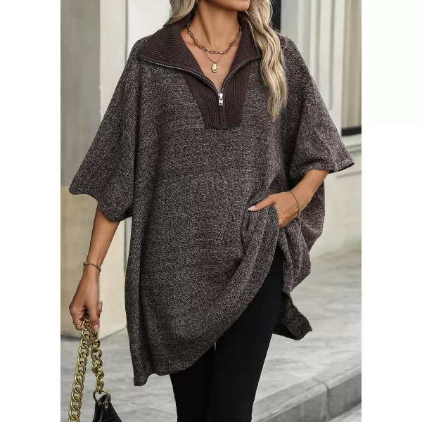 chouyatou Womens Casual Quarter Zip Pullover Sweaters VNeck Lapel Ribbed Knit Sweater Loose Slouchy Jumper TopsBrown