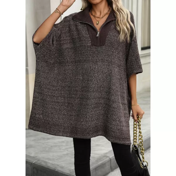 chouyatou Womens Casual Quarter Zip Pullover Sweaters VNeck Lapel Ribbed Knit Sweater Loose Slouchy Jumper TopsBrown