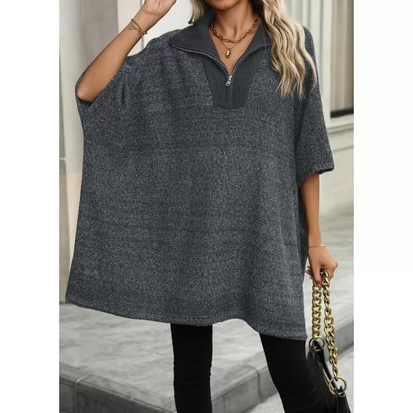 chouyatou Womens Casual Quarter Zip Pullover Sweaters VNeck Lapel Ribbed Knit Sweater Loose Slouchy Jumper TopsGrey
