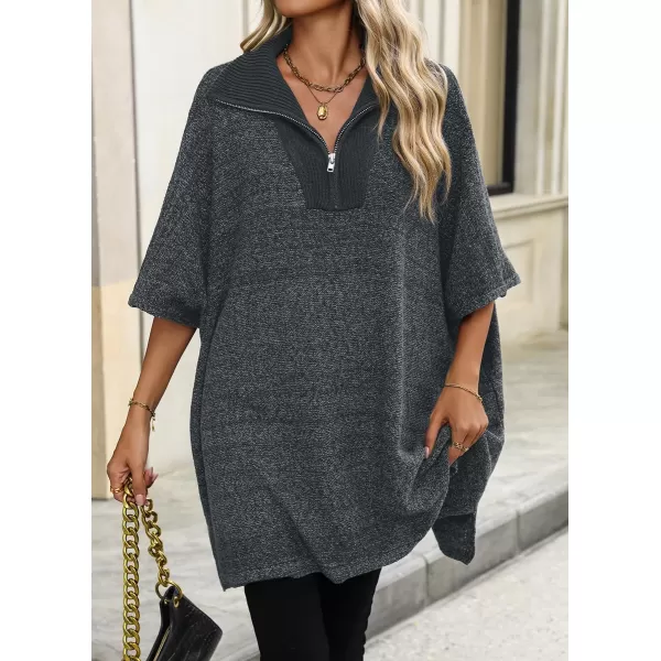 chouyatou Womens Casual Quarter Zip Pullover Sweaters VNeck Lapel Ribbed Knit Sweater Loose Slouchy Jumper TopsGrey